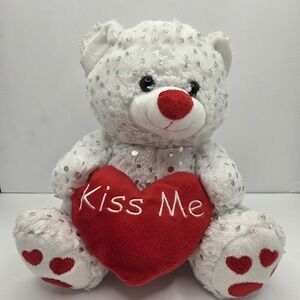 Kiss Me Teddy Bear Plush Stuffed Animal Valentine Gift White Red Heart 12"
